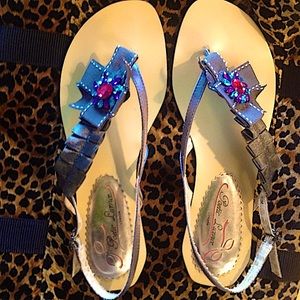 Sling back grey sandals with multicolored stones